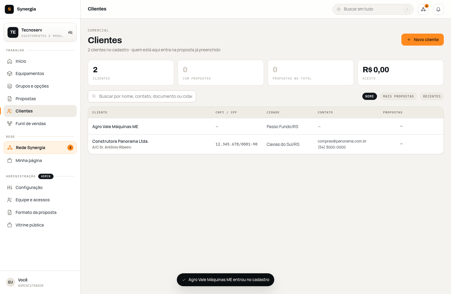 Tela real da carteira de clientes da Synergia, integrada à gestão comercial